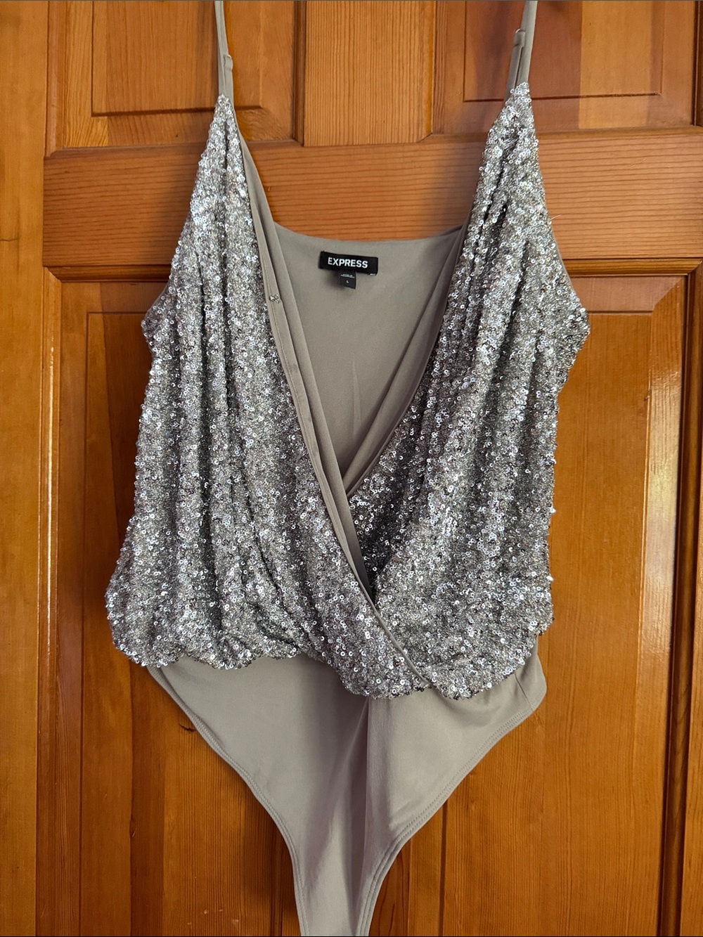 Express Light Gray Draped V-Neck Bodysuit